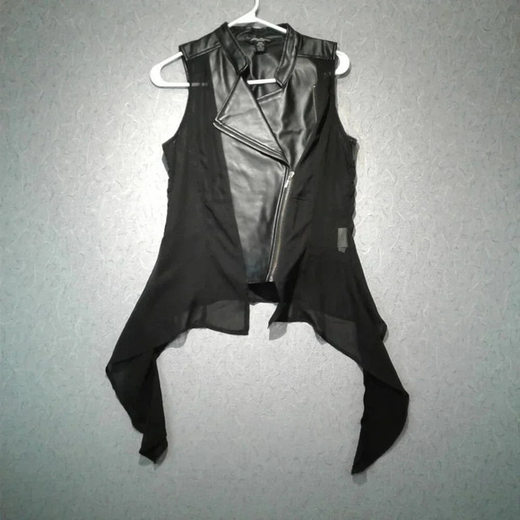 Streetwear Society Tops - Black Sleeveless Sheer Vegan Faux Leather Moto Vest with Tails Size M
